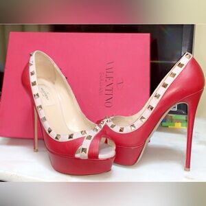 Valentino Leather Rockstud Peeptoe Platform Stiletto